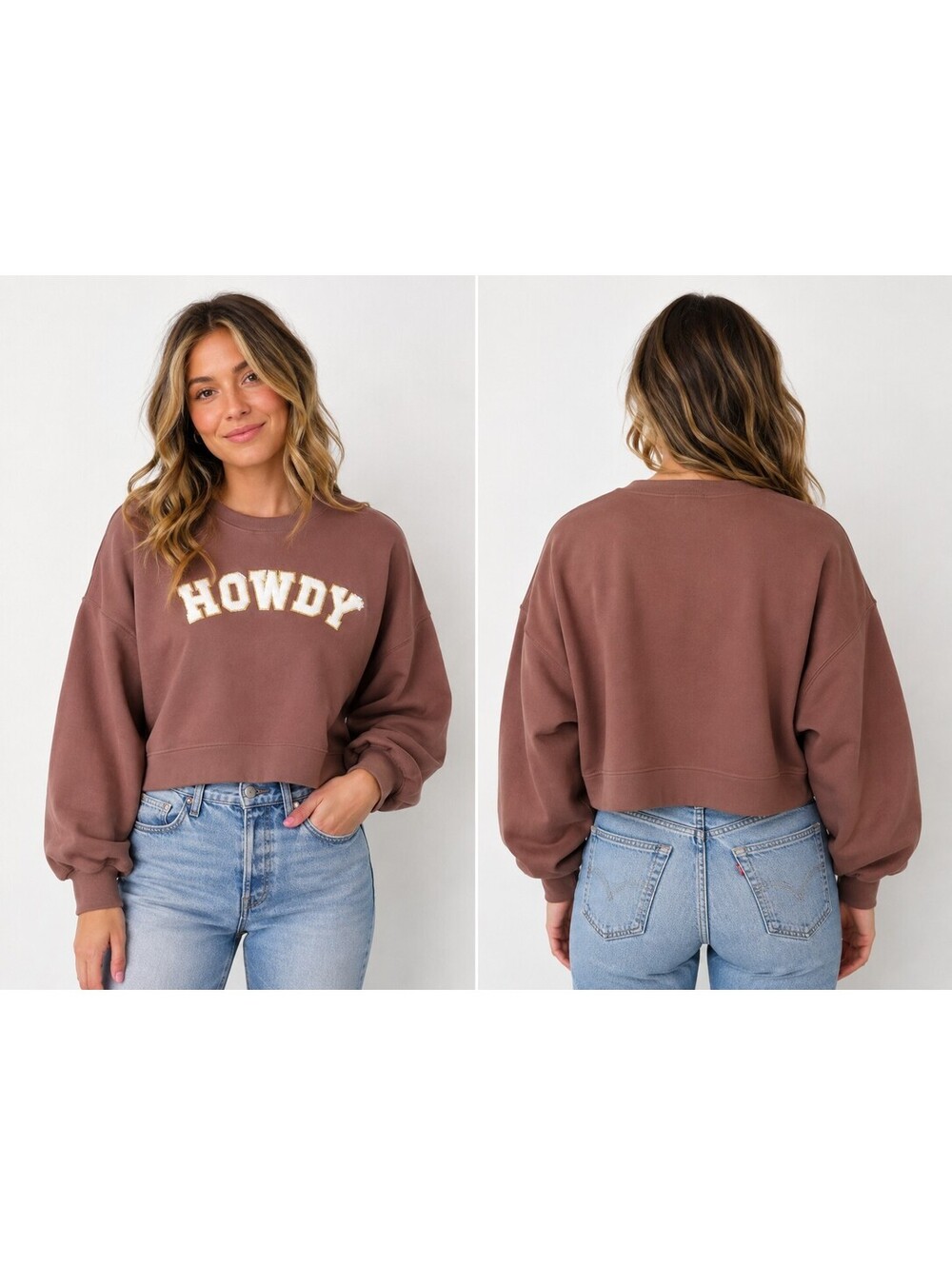 Judith March HOWDY Cropped Sweatshirt Woman's Sm Brown Western Cowgirl Varsity